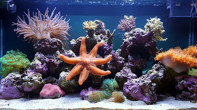 Fromia seastar in coral reef aquarium tank is one of the most amazing living decorations