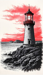 A lighthouse on a rocky coast, symbolizing a landmark and sea beauty