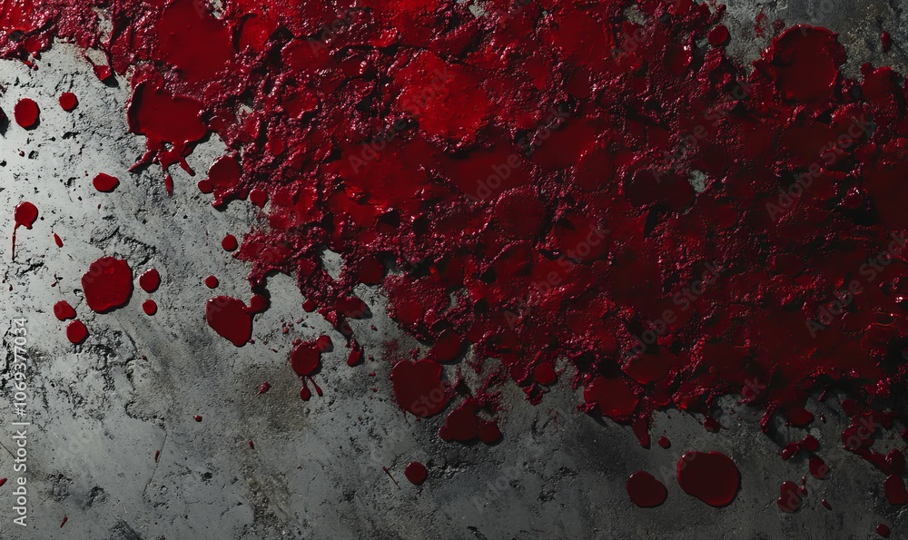 Poster An assortment of deep red blood splashes in varying sizes and patterns spreads across a gray concrete surface, enhancing horror and thriller visuals. Ample copy space is available for text