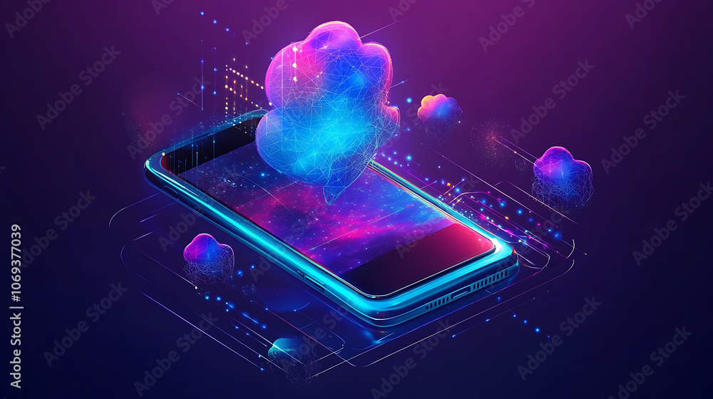 Poster Mobile global internet communications, World wide web on phone via wireless satellite network technology, Smartphone digital connection at clouds services of all earth, Holographic abstract interface