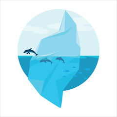 Iceberg. Ice. Dolphins. Fish. Sea animals. The icy ocean. Arctic. Glacier. Antarctica. Polygonal illustration on a white background. Vector