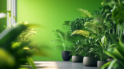 Modern corporate office interior with vibrant green walls, eco-friendly sustainable design elements, and an array of lush indoor plants enhancing the workspace environment