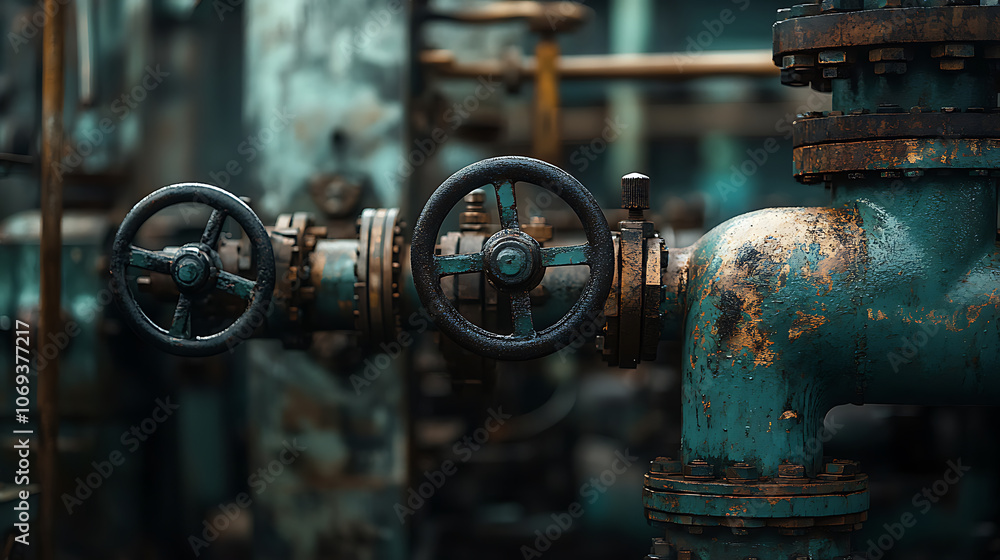Poster pipelines in a gas compression station, pipeline valves in an oil and gas processing plant