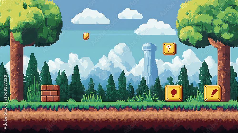 Poster Pixel art game background with button level up, Game design concept in retro style, Vector illustration, Game screen pixel