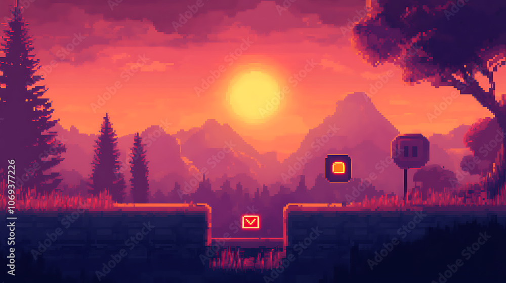 Poster Pixel art game background with button level up, Game design concept in retro style, Vector illustration, Game screen pixel