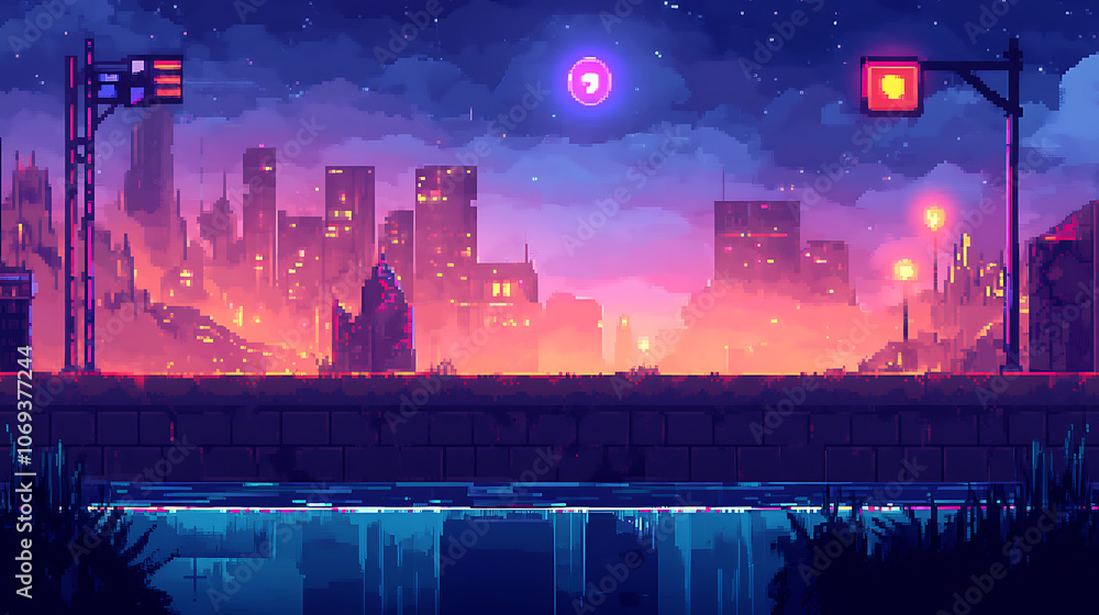 Fototapete Pixel art game background with button level up, Game design concept in retro style, Vector illustration, Game screen pixel