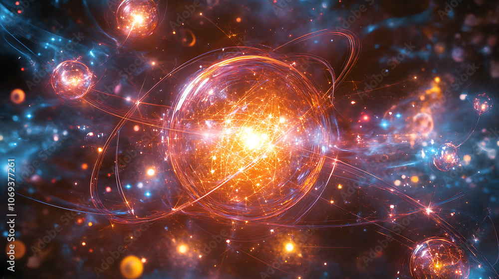 Poster quantum entanglement concept with particles and energy flow, entangled particles 3d rendering