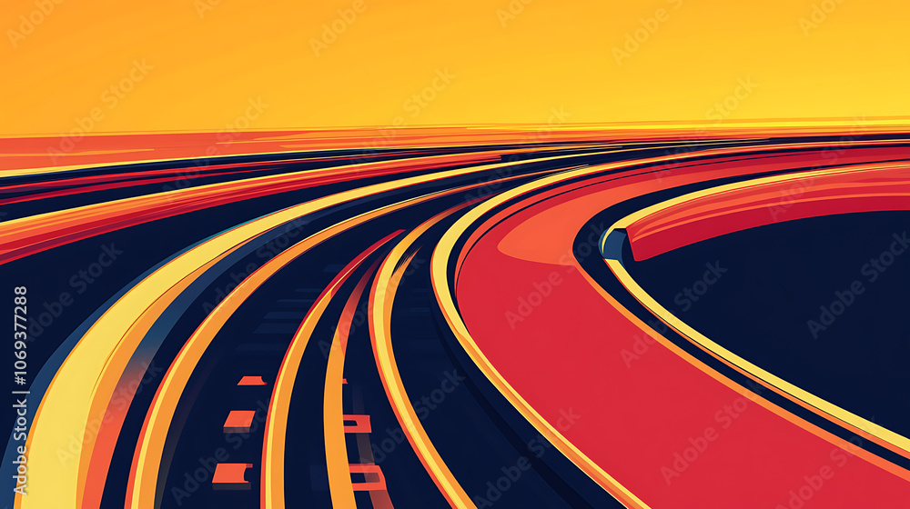 Poster Railway train track vector route, Rail pattern round circular curve railroad path icon