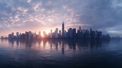 Naklejka premium New York City panorama skyline at sunrise, Manhattan office buildings skysrcapers at the morning, New York City panoramatic shot