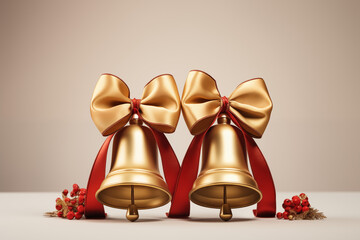 Elegant golden bells with red ribbons and festive decorations create a joyful atmosphere. Perfect for holiday themes or celebrations.