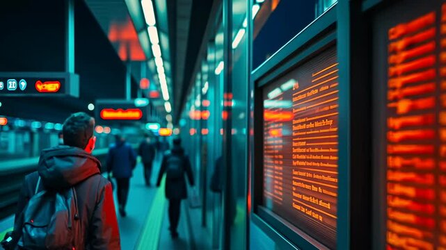 A traveler in a red jacket views a flight departure board in a bustling airport terminal at night, capturing the essence of modern travel and the anticipation of a journey. The scene is set against a