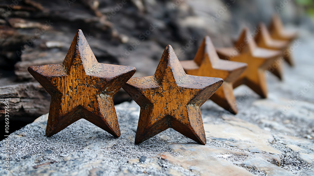 Aufkleber Wooden stars arranged in a row, symbolizing a satisfaction rating system used for evaluating customer feedback, service quality, or product excellence