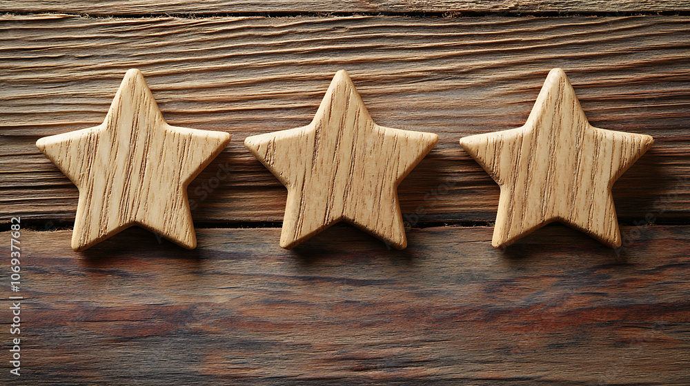 Poster Wooden stars arranged in a row, symbolizing a satisfaction rating system used for evaluating customer feedback, service quality, or product excellence