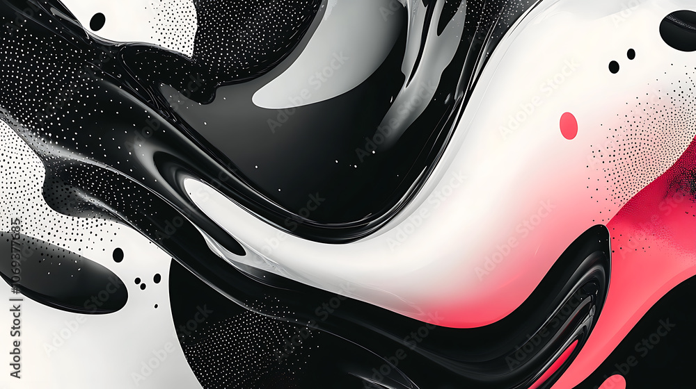 Fototapete abstract banner featuring a fluid, liquid shape in a classic black and white theme, intertwined with a modern twist of gradient color dots suggesting advanced technology