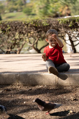 boy sitting in the park feeding the pigeons