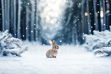 Cute rabbit sitting in snow in winter forest. Arctic hare. Funny Christmas animal. Beautiful scene from wild nature landscape. Background for banner, poster, wallpaper, greeting card