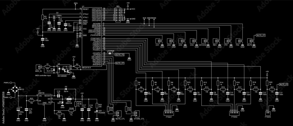 Poster schematic diagram of digital electronic device on paper sheet. vector drawing electrical circuit wit