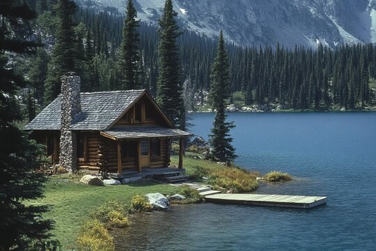 Rustic log cabin by a deep blue lake surrounded by pine trees and lush green grass in the mountains