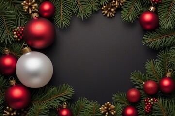 a black christmas background with red ,white ornaments  and  pine branches