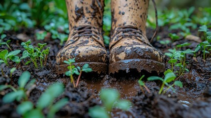 Obraz premium Person standing in muddy ground while planting seedlings in a forest during springtime