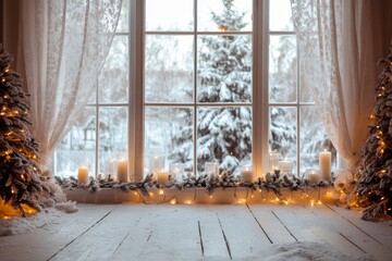 Cozy christmas window scene with white curtains, twinkling lights, and snowy trees outside