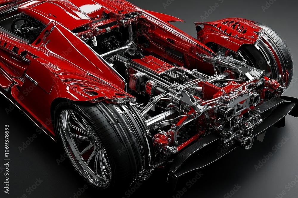 Poster intricate 3d rendering of a sports car s internal structure showcasing mechanical components