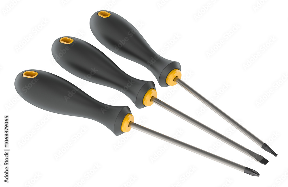 Aufkleber flat head, square and torx screwdrivers. 3d rendering isolated on transparent background