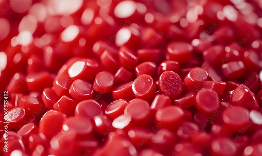 Poster a macro image capturing the smooth, glossy surface of uniform red polymer granules