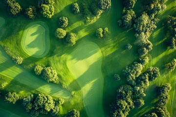 Stunning aerial morning view showcasing a lush green golf course surrounded by nature