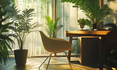 A modern workspace with a stylish chair and potted plants in natural light.