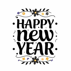 "Happy New Year" lettering with some elements, flowers and fireworks