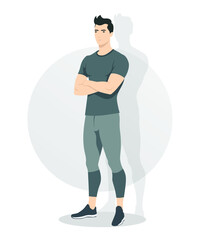 Man in grey-blue t-shirt and dark grey trousers with relaxed pose and crossed arms. Modern, minimalist style for a calm look.