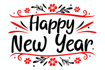 "Happy New Year" lettering with some elements, flowers and fireworks