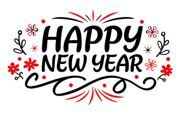 "Happy New Year" lettering with some elements, flowers and fireworks