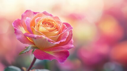 Obraz premium Beautiful pink and yellow rose blooming in a garden during golden hour light