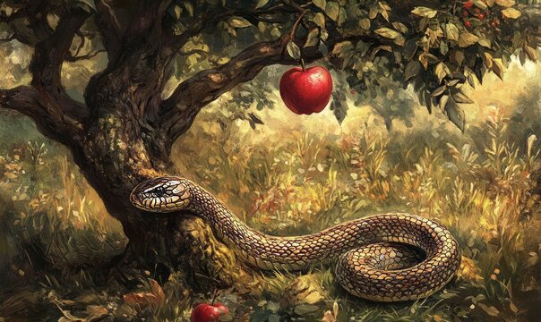 Illustration of a snake under an apple tree, symbolizing temptation and the Fall of Mankind in the Garden of Eden from the biblical story of Adam and Eve.
