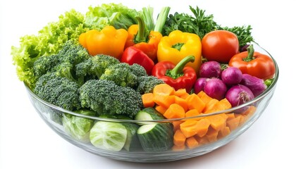 Fresh mixed vegetables in a clear glass bowl on a white background