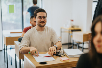 Students sit at desks in a high school classroom, focused on their work. The setting conveys concentration, education, and a collaborative learning environment.