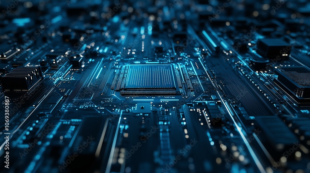 Poster a close-up view of a high-tech microchip surrounded by glowing circuit board details at night