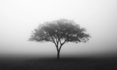Fototapeta premium A solitary tree standing in the middle of a misty field, with dew drops glistening on its branches