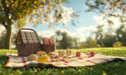 Family-friendly picnic setup with a blanket, basket, and outdoor games