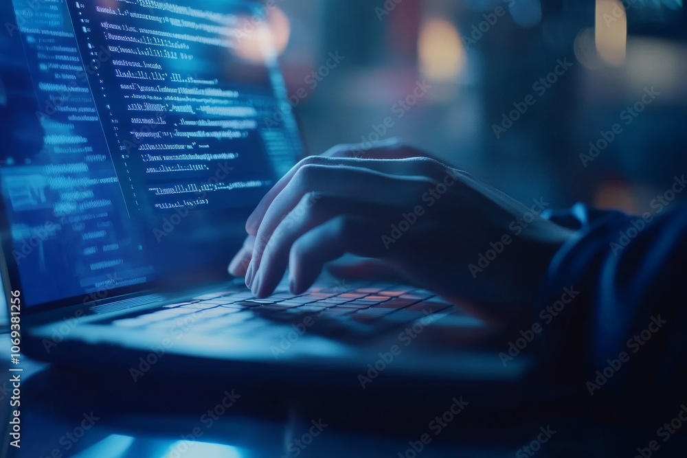 Poster focused web designer typing code on laptop with digital text in softly lit office environment