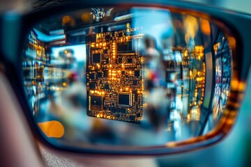 Reflection of a computer component captured on eyeglasses in a striking photography shot