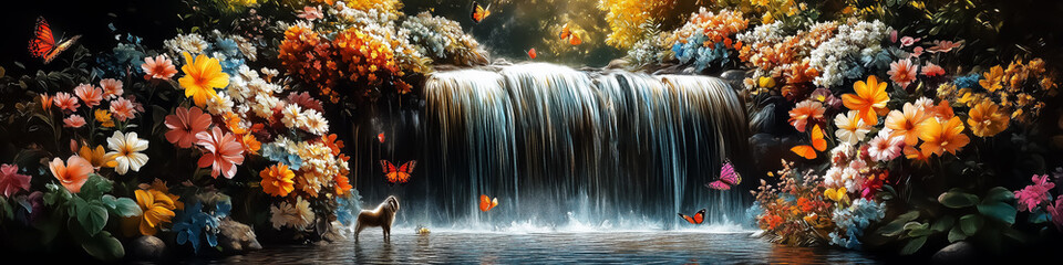 A serene waterfall surrounded by vibrant flowers and butterflies, ideal for calming wall art, posters, or digital backgrounds celebrating nature's beauty.