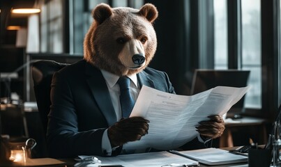 A unique financial consultant with bear head is reading detailed report, showcasing blend of professionalism and whimsy.