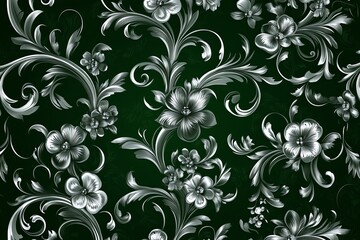 Papier peint vert émeraude profond avec détails floraux argentés..