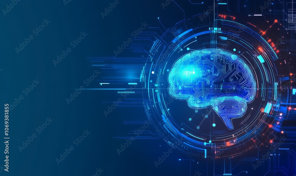 Poster a vibrant blue ai brain icon is surrounded by interconnected geometric lines and symbols, set agains