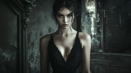 Fototapeta premium Mysterious woman in a black dress with a V-neck