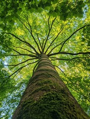 Tree with lush green leaves viewed from ground level in forest