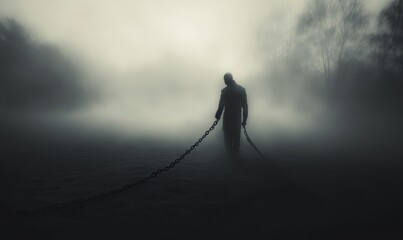 Obraz premium Moody image of a solitary figure striking a chain against the ground, evoking the struggle against invisible bonds